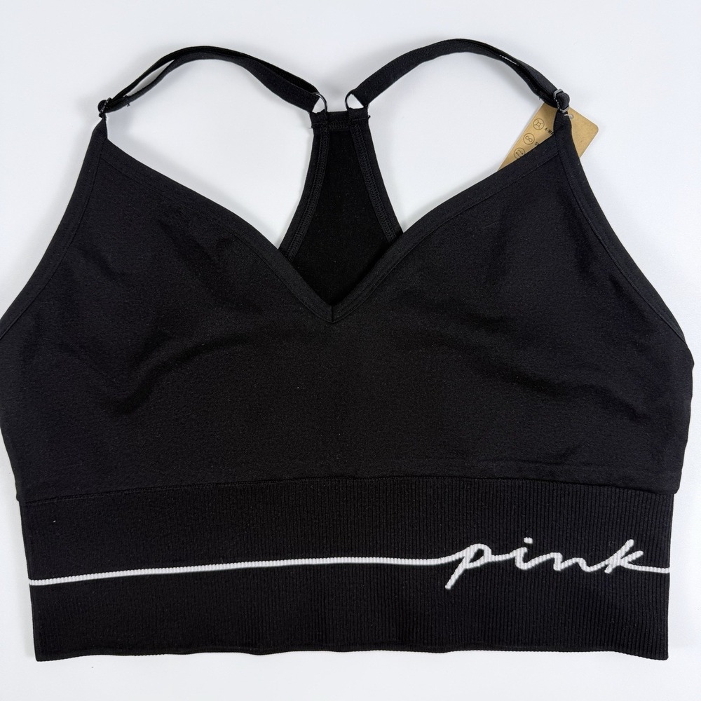 Victoria's Secret PINK Active Seamless Crop Longline Sports Black Bra L NWT